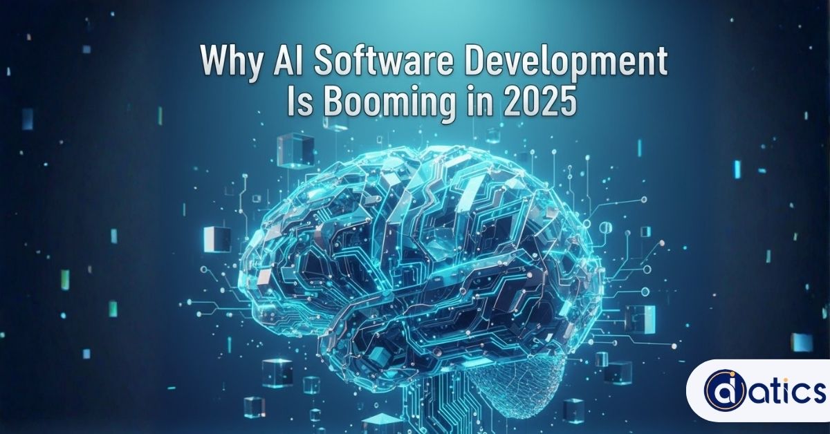 Professional photo of a diverse business team reviewing complex AI software development dashboards and data in a high-rise office. Title overlay emphasizes the 'Why AI Software Development Is Booming in 2025' trend.